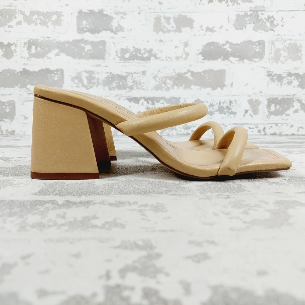 NEW Free People Straps Cream Tan Leather Slip on Block Heel Sandals W647 - Picture 5 of 16